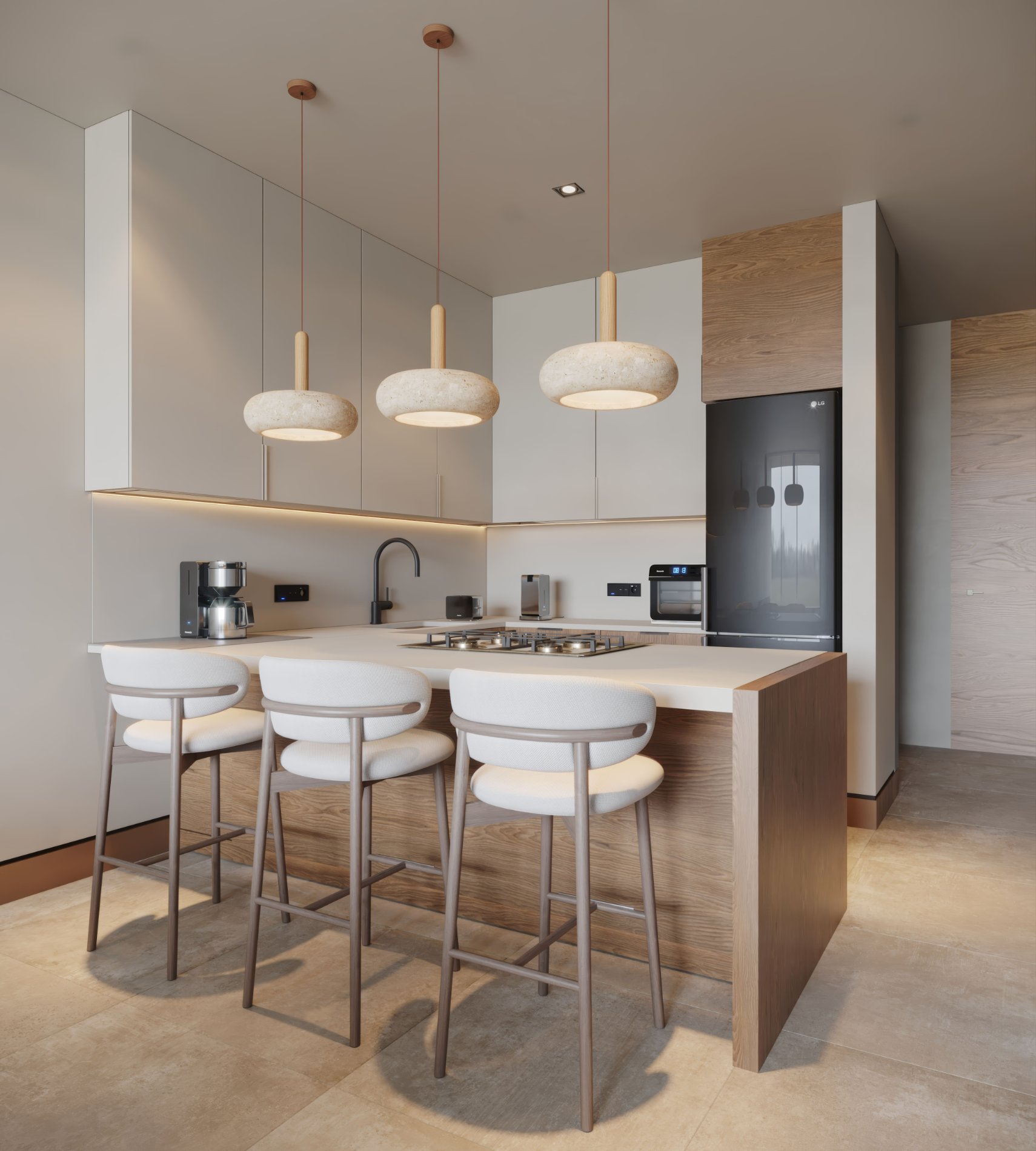 Interior de departamento — cocina con barra